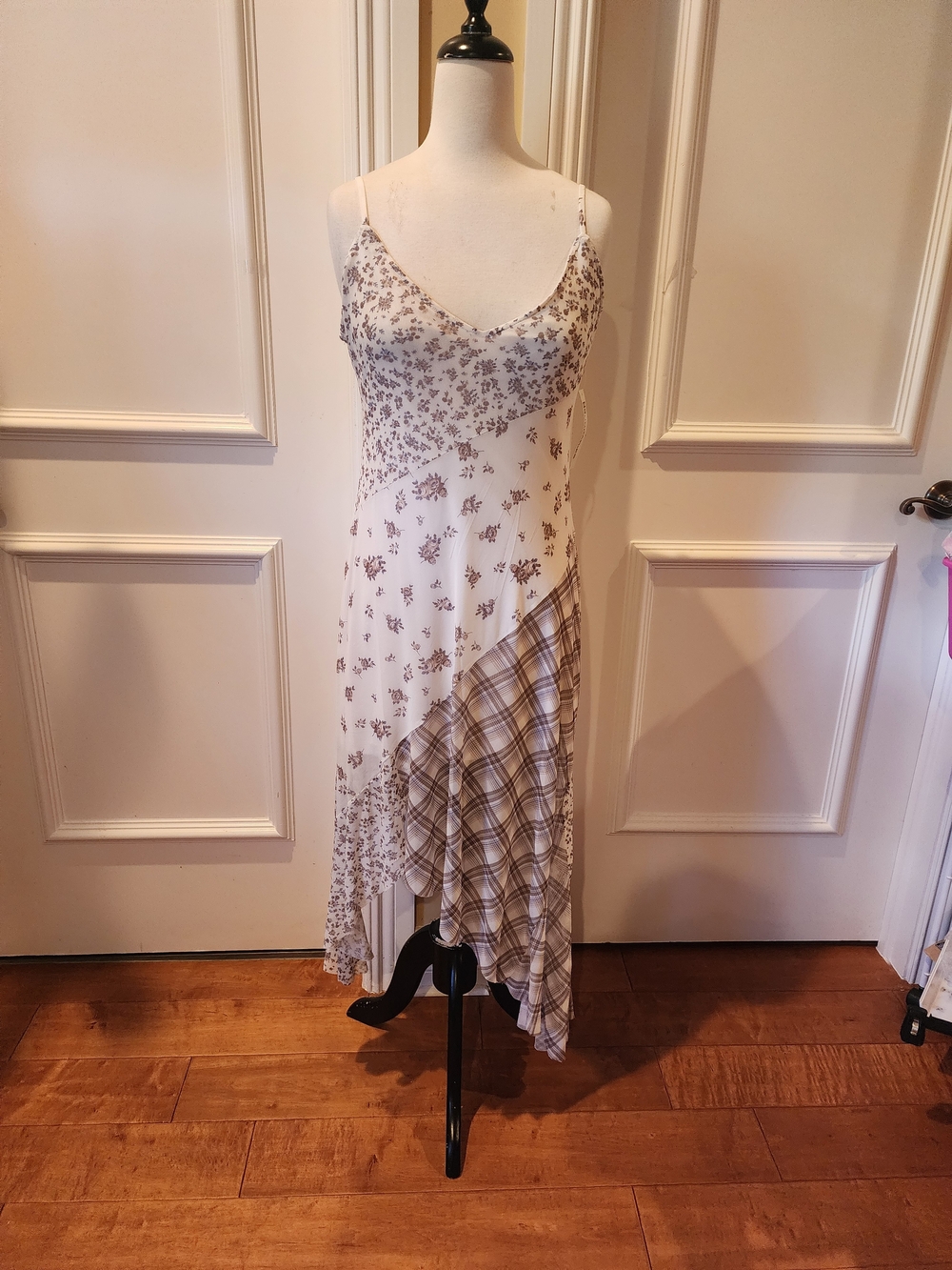 No Boundaries White and Brown Asymmetrical Slip Dress